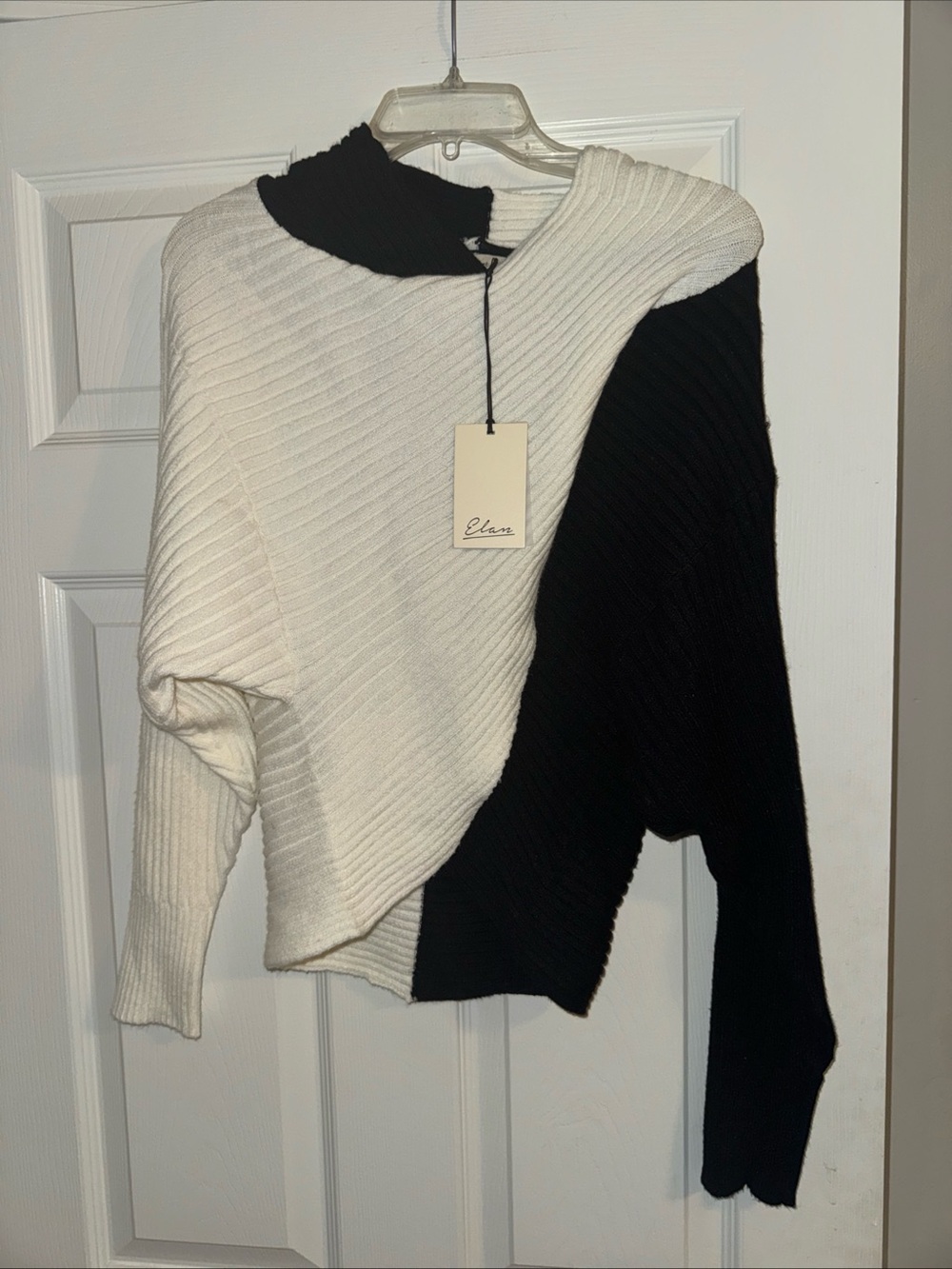 Elan Black and White Asymmetrical Ribbed Crew Sweater